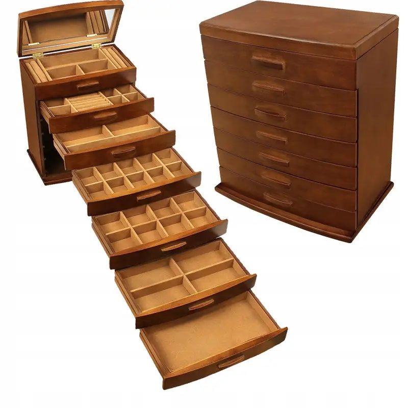 Smykkeskrin Kommode for Smykker i brunlakkert tre, åpent med speil, skuffer og rom for smykker.