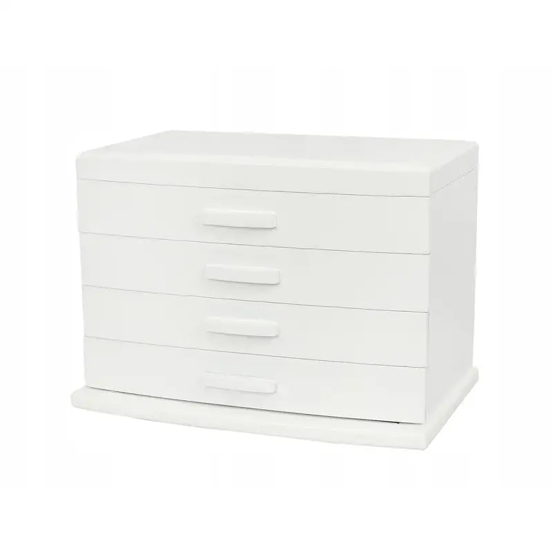 Smykkeskrin kommode i hvit plast med fire skuffer, sett fra skrå vinkel med synlige håndtak.