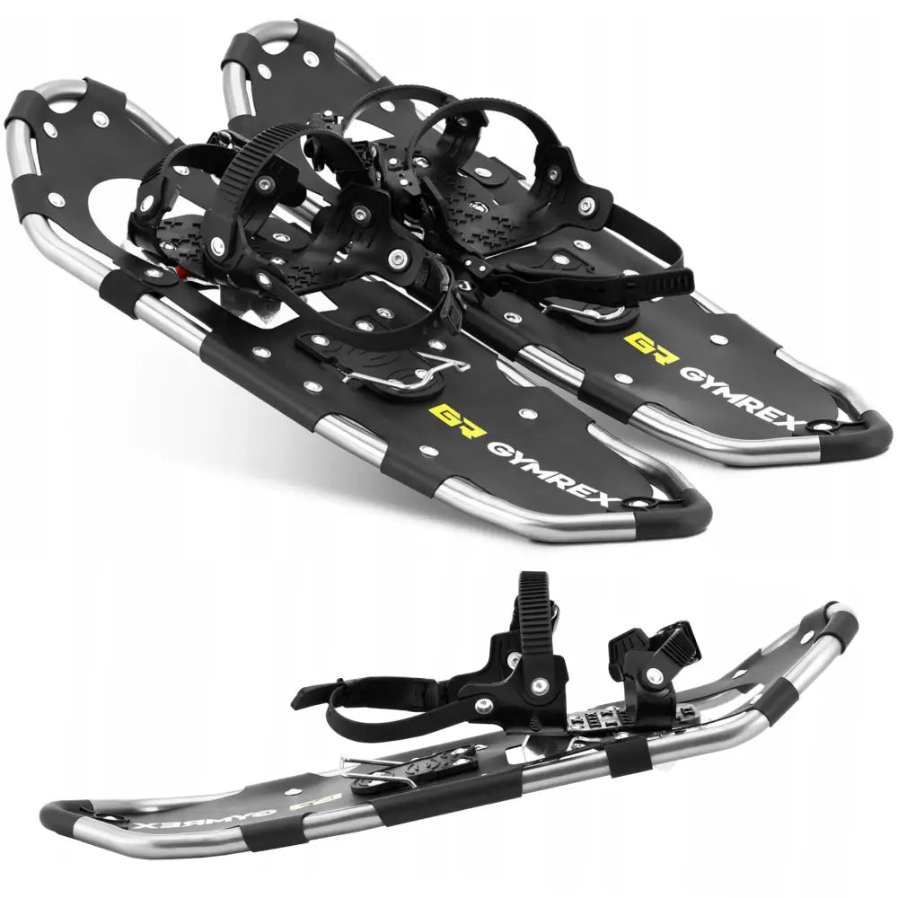 Snøsko for snøklatring med lett aluminiumsramme, svarte remmer og synlig logo, sett fra skrå vinkel.