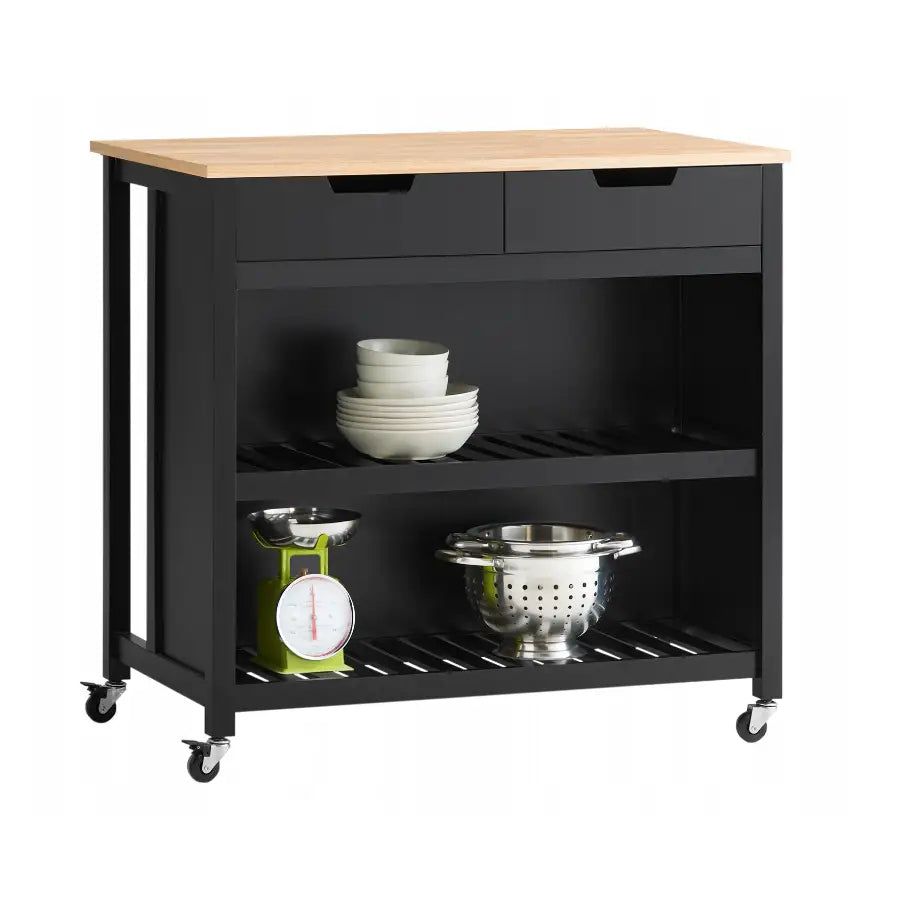 Sobuy kjøkkenøy på hjul, frontvisning med to skuffer, åpne hyller og lys treplate fylt med kjøkkenutstyr.