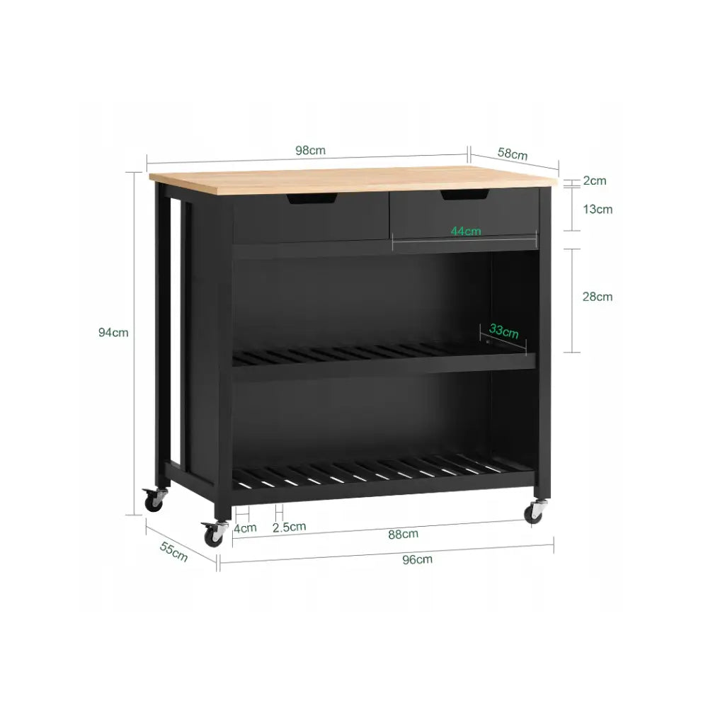 Sobuy kjøkkenøy på hjul i svart metall med lys treplate, frontvisning med fremhevede mål og hyller.