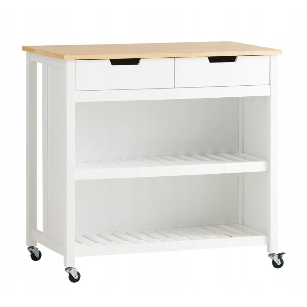 Kjøkkenøy fra Sobuy med hvit ramme, lys treplate, to skuffer, åpne hyller og hjul, sett forfra i perspektiv.