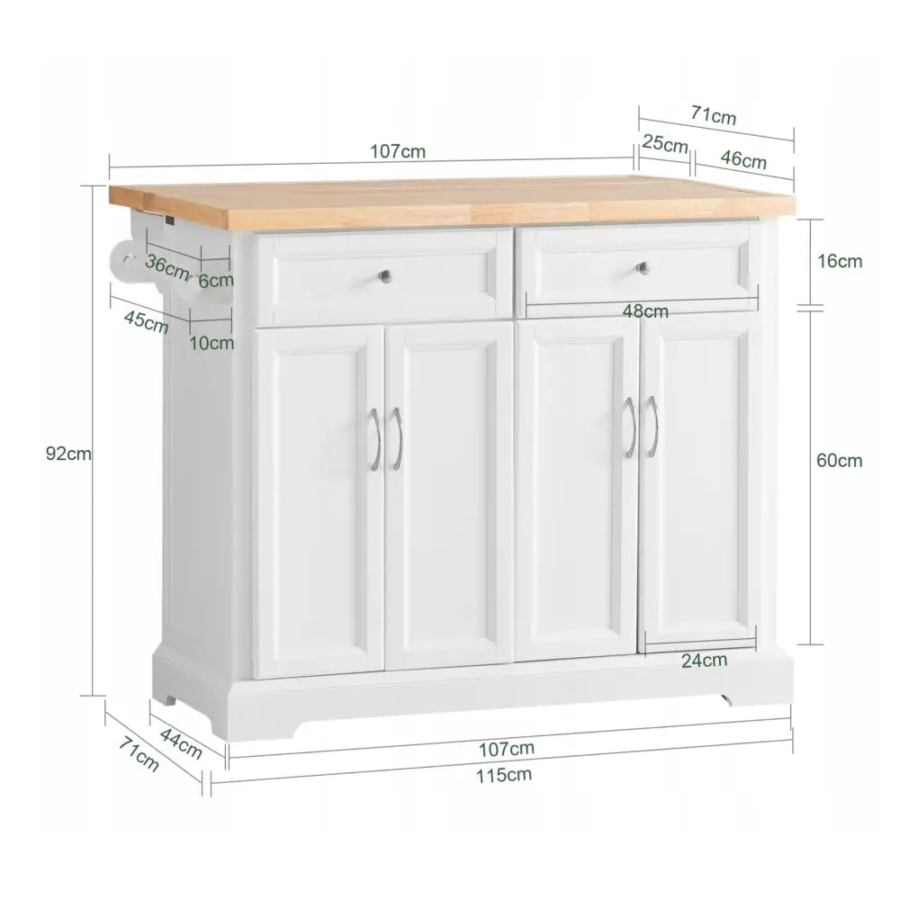 SoBuy kjøkkenøy, hvit med lys treplate, frontvisning med synlige mål, skuffer og skapdører.