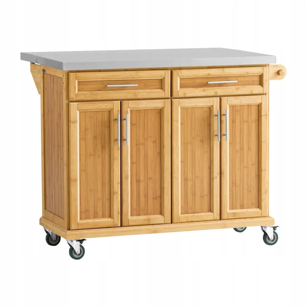 Sobuy kjøkkenøy i lyst treverk, frontvisning med grå topp, to skuffer, fire skap og hjul for mobilitet.