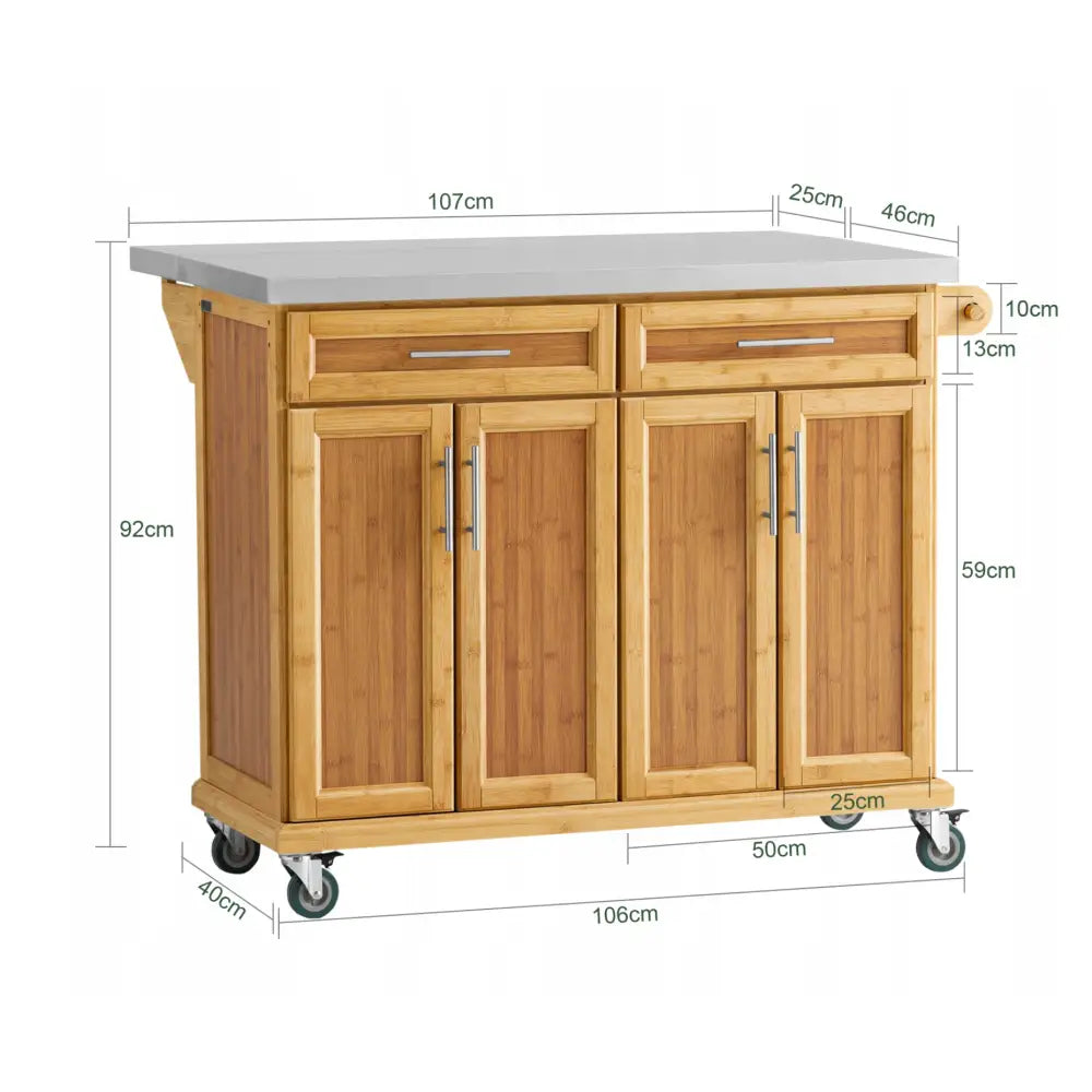 Sobuy kjøkkenøy med hvit benkeplate, to skuffer og tre skapdører, frontvisning med målmarkeringer.