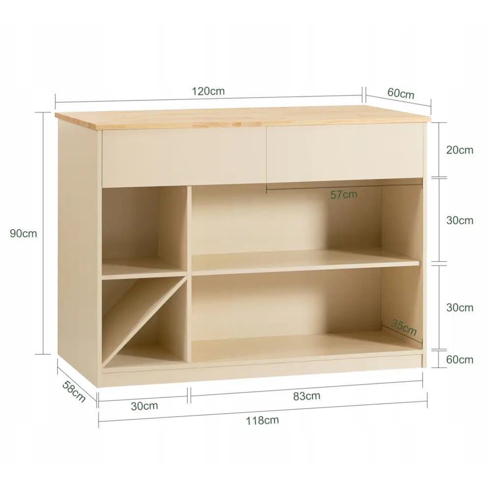 Sobuy kjøkkenøy med hyller og skap, skråvisning som fremhever ulike oppbevaringsrom og mål i centimeter.