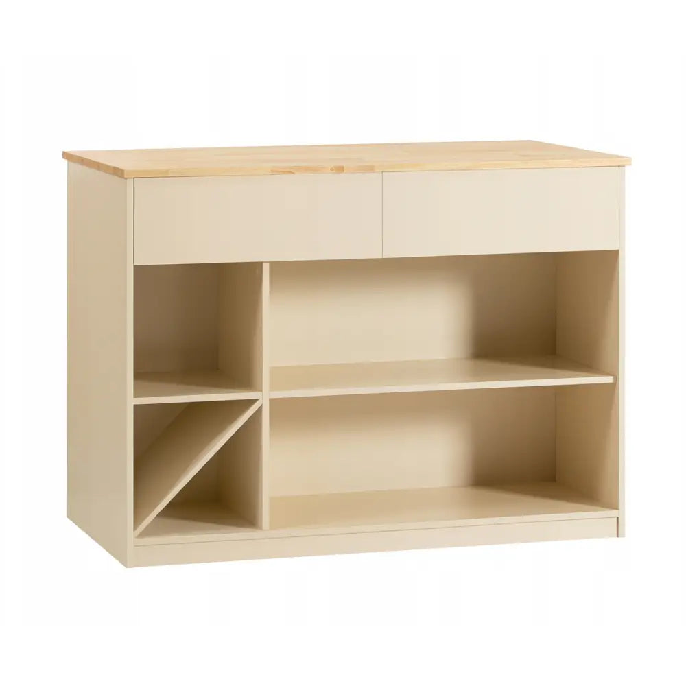 Sobuy kjøkkenøy med lys trefarget topplate, åpne hyller, to skuffer og vinklet rom nederst, sett skrått.