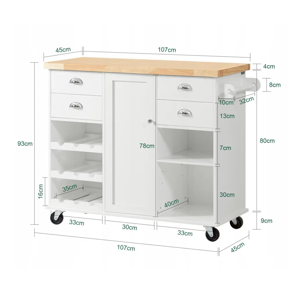 Sobuy kjøkkenøy i hvitt med lys treplate, sølvhåndtak, hjul og mål for hyller og skuffer synlig.