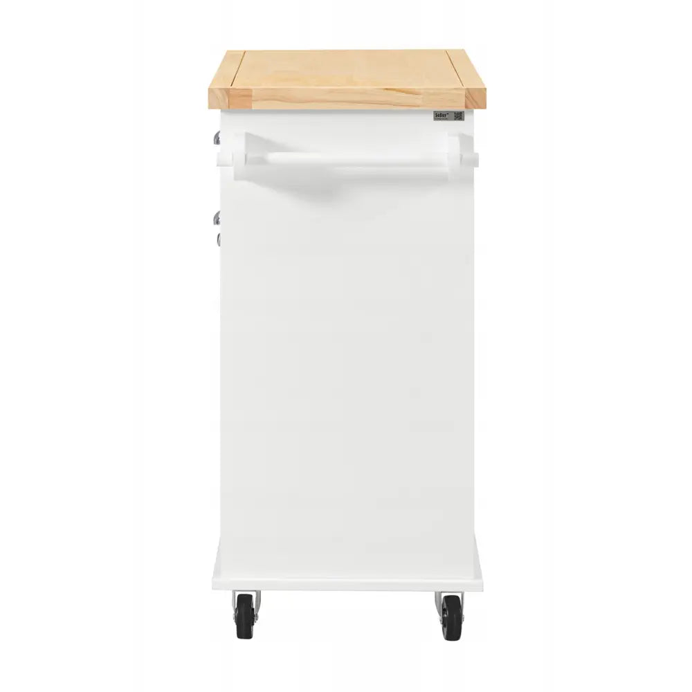 Sobuy kjøkkenøy i hvitt, sidevisning med lyse treplate, hjul og tydelig håndtak på enden.