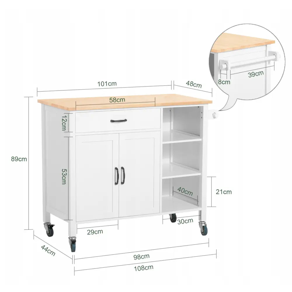 Sobuy kjøkkenøy med hvitt skap, lys treplate og markerte mål på skuffer, skap og hyller.