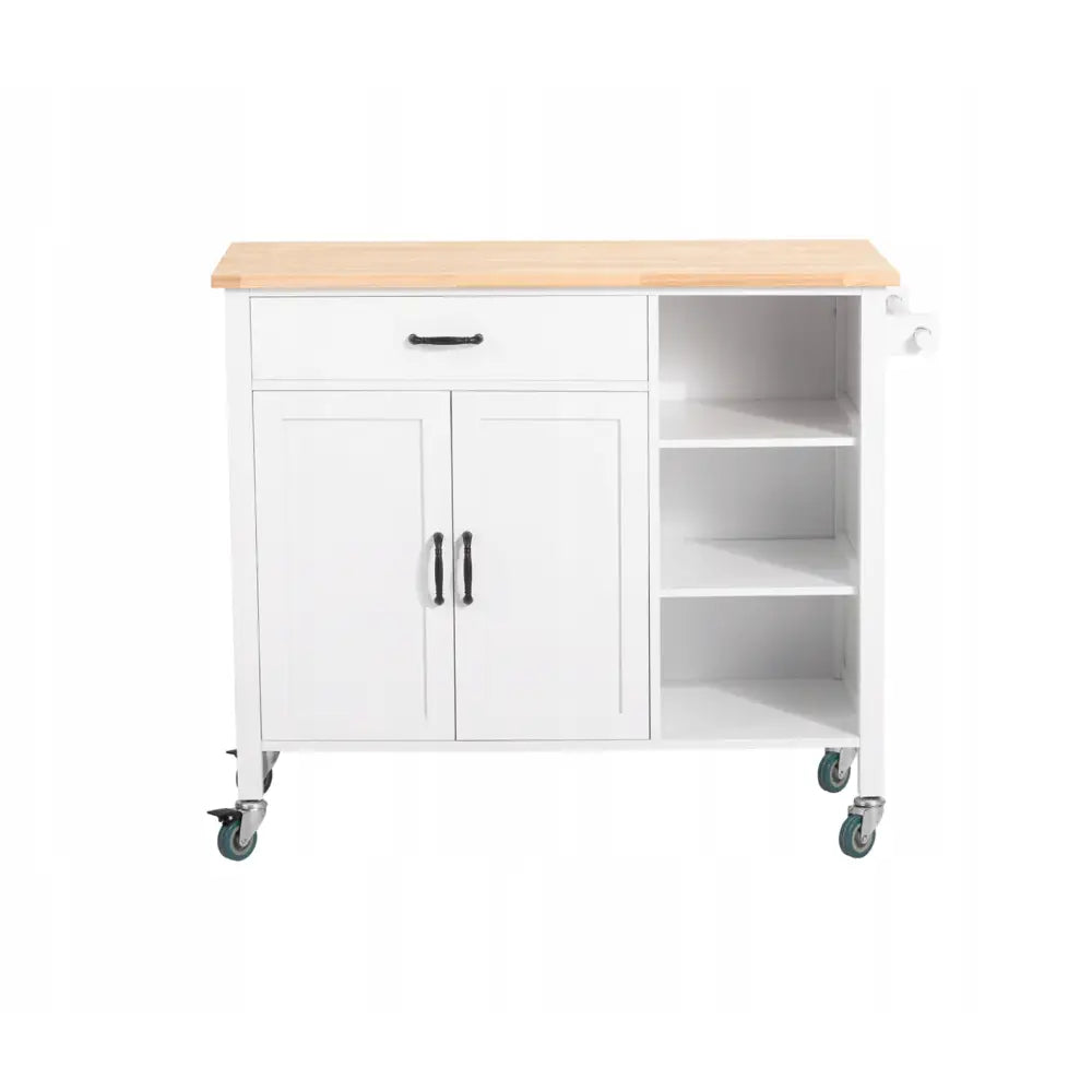 Sobuy kjøkkenøy på hjul med treplate, frontvisning av skuff, dobbeltskap og åpne hyller.