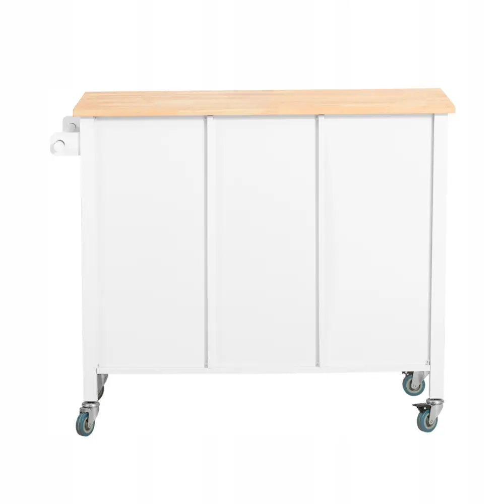 Sobuy kjøkkenøy med hvit ramme, lys treplate og fire hjul, frontvisning mot nøytral bakgrunn.