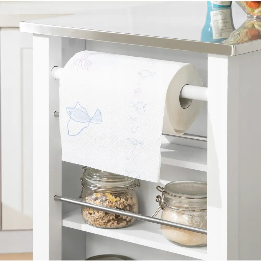 Sobuy kjøkkenøy med hvit papirrullholder, metalltopp og glasskrukker med mat på underhyllen.