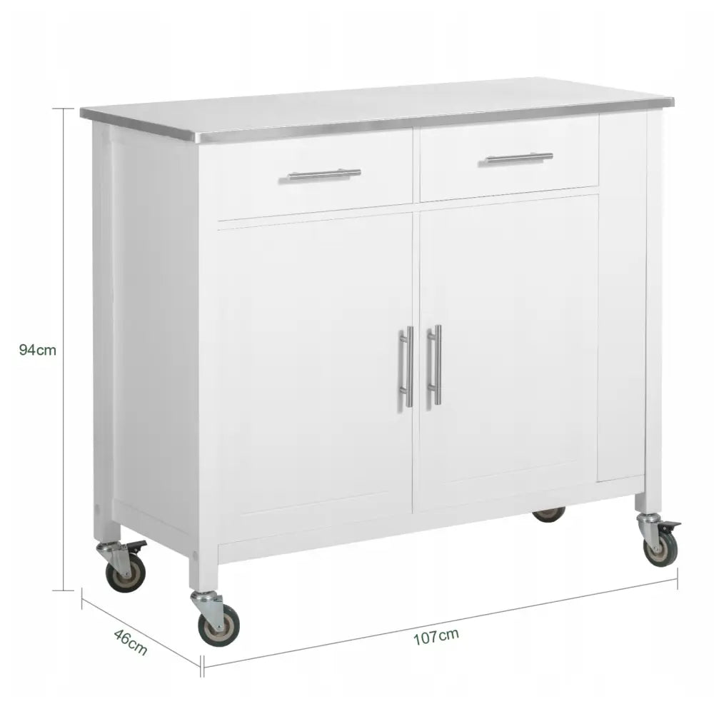 Sobuy kjøkkenøy i hvit, to skuffer og skapdører med ståltopp, sett fra skrå vinkel, sølvhåndtak.