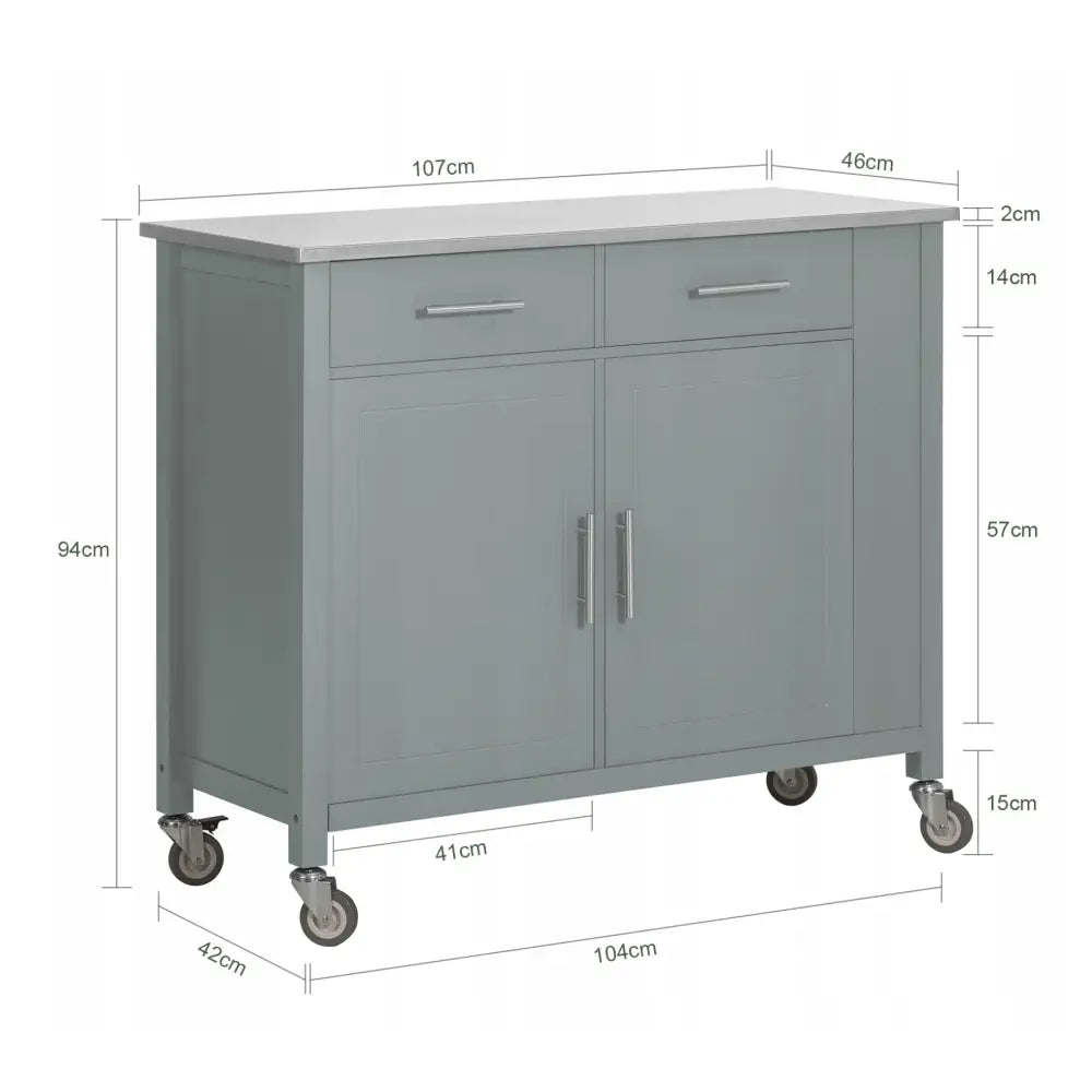 Sobuy kjøkkenøy skjenk i grått, to skuffer og dører, sett fra siden med hjul og synlige mål.