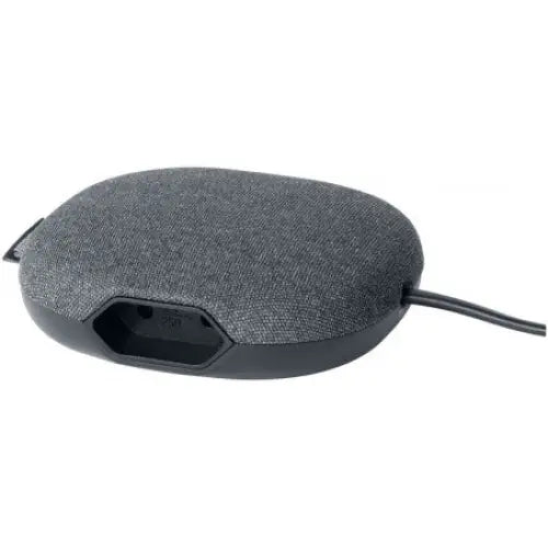 Sofa Lader USB estilo V2, mørkegrå oval enhet med stofftrekk og synlig kabeltilkobling bakfra.