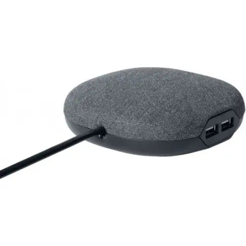 Sofa Lader USB, grå oval enhet med stofftrekk, to USB-porter og sort kabel synlig fra skrå vinkel.