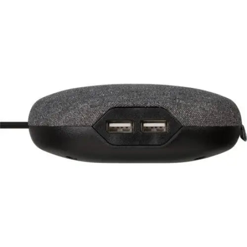 Sofa Lader USB, sidevisning av oval enhet i grått stoff og svart plast med to USB-porter synlige.