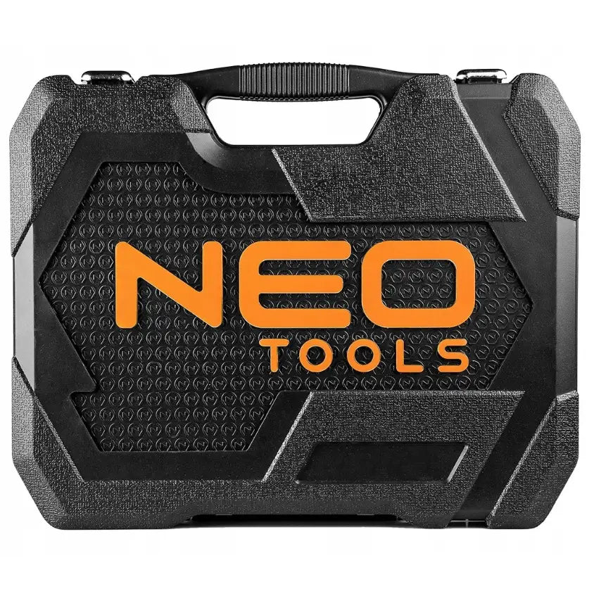Sokkelnøkkelsett i sort plastkoffert med oransje "TOOLS"-logo og strukturert overflate, frontvisning.
