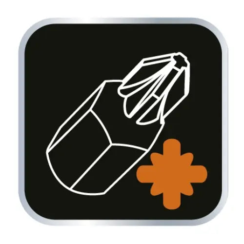 Bits med stjerneformet tupp og oransje markering, fremhevet mot svart bakgrunn og sølvramme.