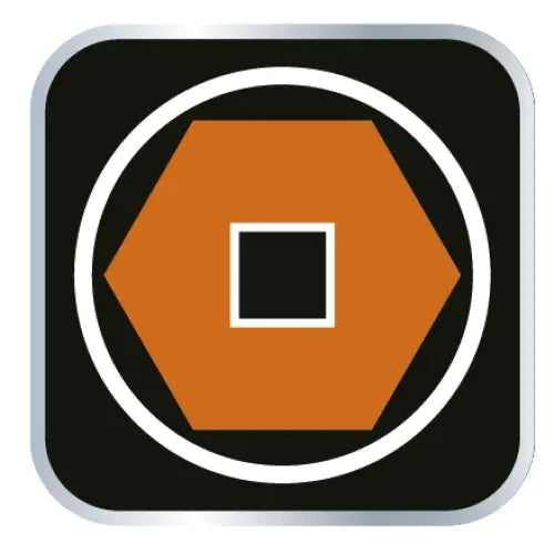 Sokkelnøkkelsett-symbol, oransje sekskant og hvit firkant sentrert i sirkel på svart bakgrunn med avrundede hjørner.