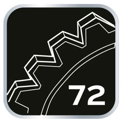 Sokkelnøkkelsett, detaljert illustrasjon av hvitt tannhjul med 72 tenner på sort bakgrunn og grå ramme.