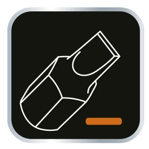 Sokkelnøkkelsett, stilisert illustrasjon av munnstykke på svart bakgrunn med orange markering nederst.