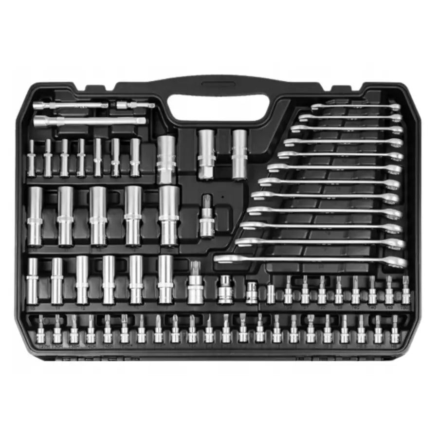 Sokkelnøkkelsett Neo Tools, oversiktsbilde av sort etui med sorterte piper, fastnøkler og bits.