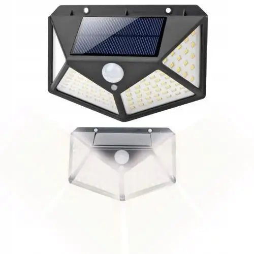 Solcellelampe med 100 LED-lys, svart rektangulær design, solcellepanel og bevegelsessensor på hvit bakgrunn.