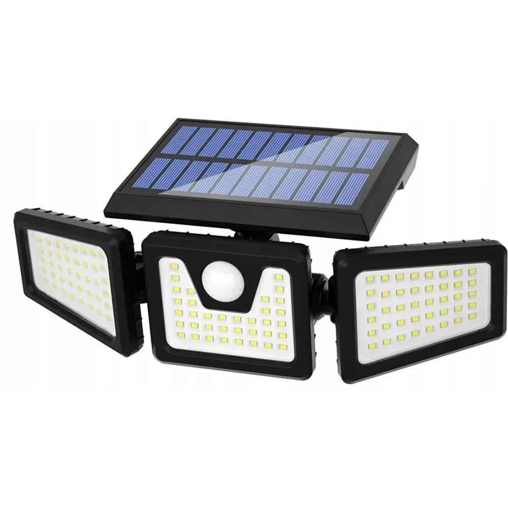 Solcellelampe 3-i-1, svart utendørsmodell med tre LED-lyskilder, solcellepanel og synlig bevegelsessensor.