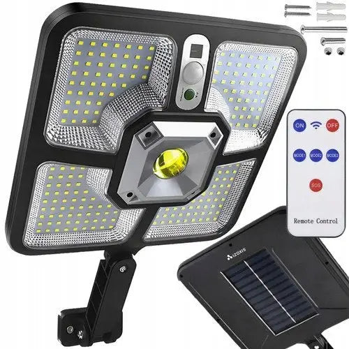 Solcellelampe Izoxis, svart LED utelampe med solcellepanel, bevegelsessensor og fjernkontroll, skrå vinkel.