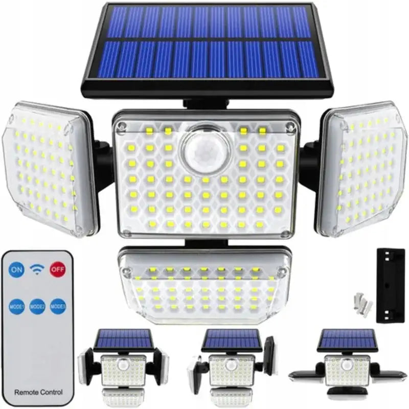 Solcellelampe med 181 LED, fire paneler og stort blått solcellepanel, sett forfra med fjernkontroll og sensor.