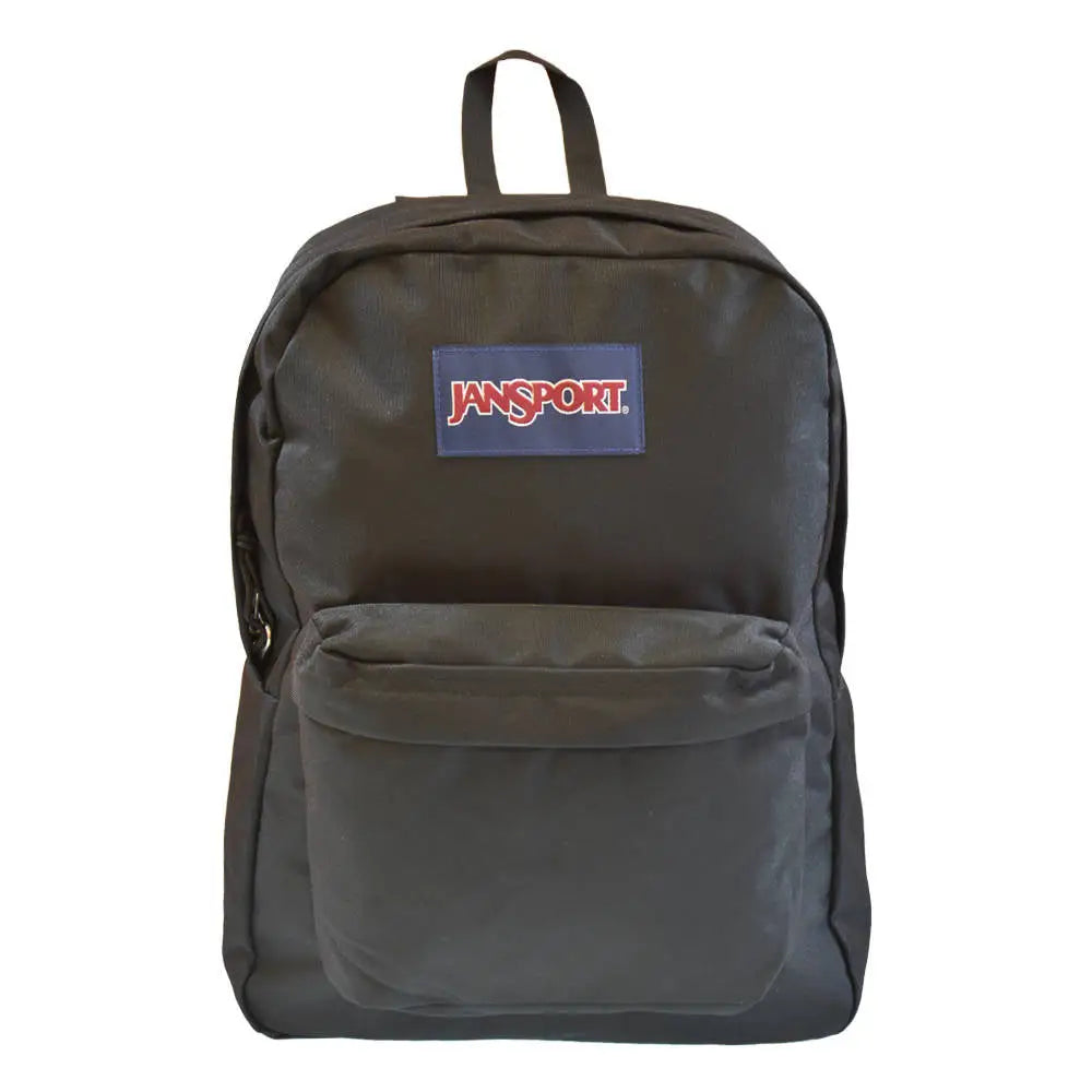 Solid Jansport skolesekk i svart tekstil, frontlomme med synlig logo øverst, sett forfra.