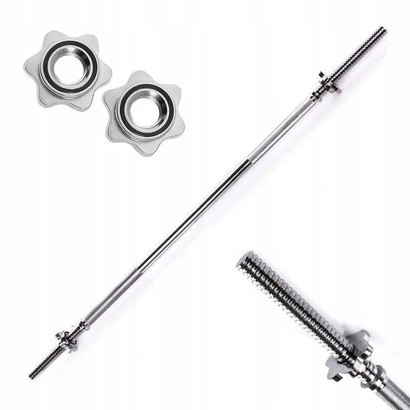 Solid metall vektstang 120 cm, skråvisning med stjerneformede låseklemmer og tydelig gjengeparti.