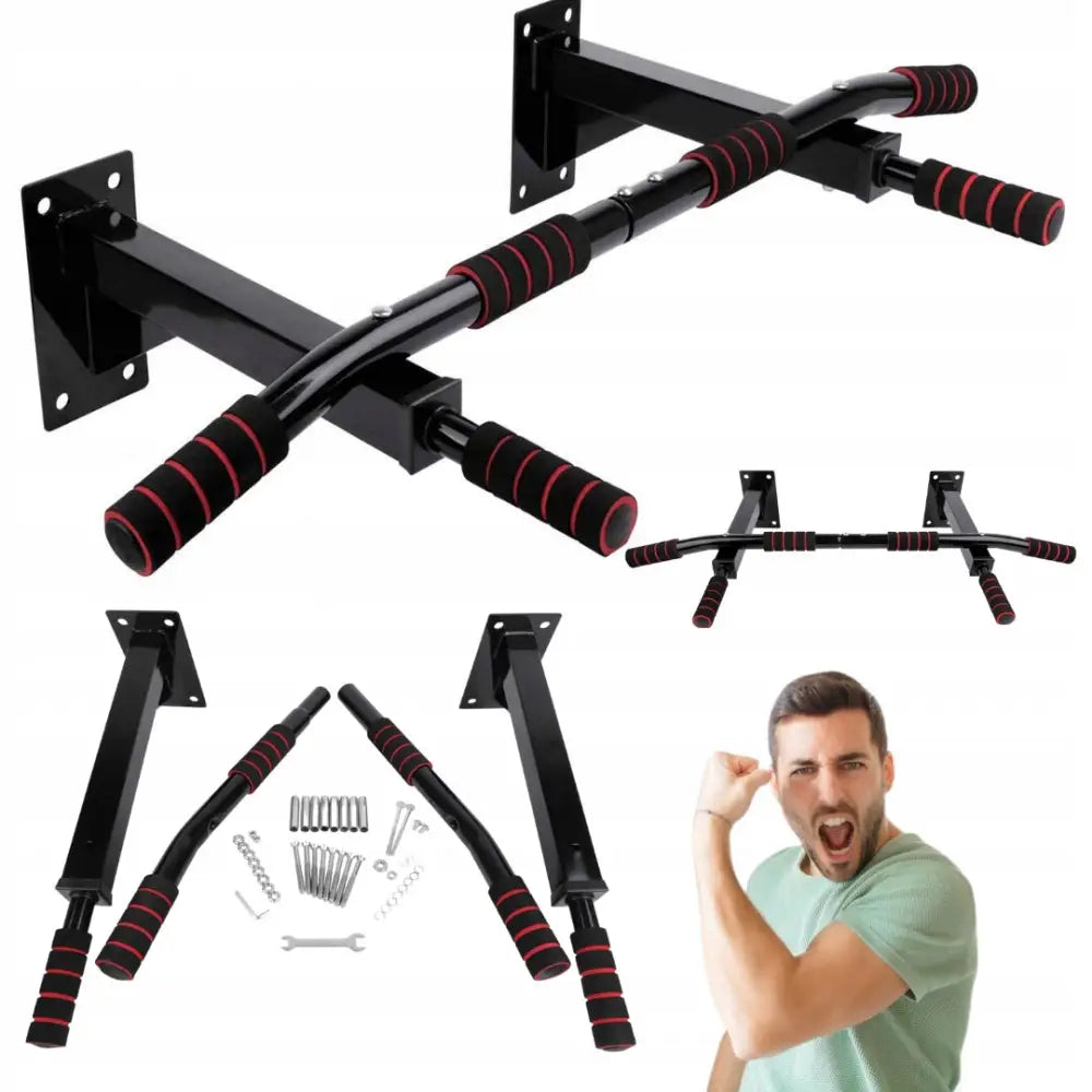 Solid pull-up-stang for veggmontering, sorte håndtak med røde detaljer, inkludert monteringsutstyr og modell.