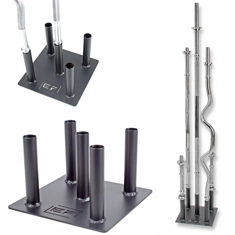 Solid stativholder i sort metall med fem rørformede holdere, vist med vektstenger på robust firkantet base.