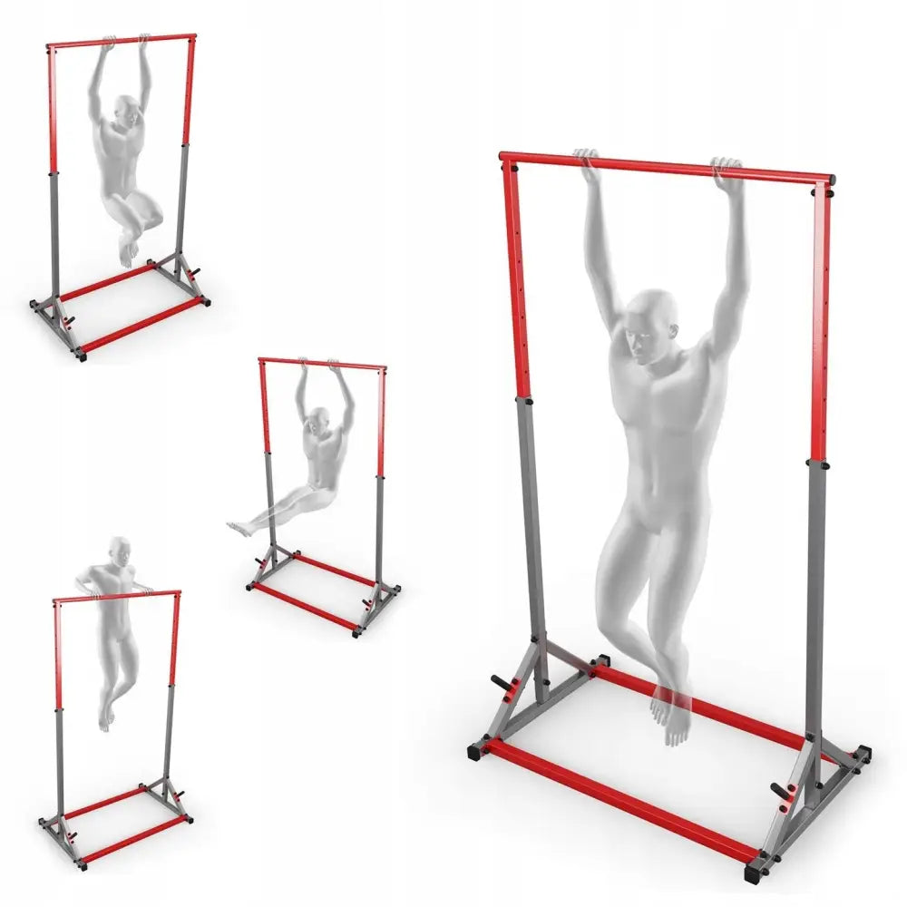 Solid treningsstang stasjonær pull-up bar i rød og grå metall, sett fra siden med figur som demonstrerer øvelser.