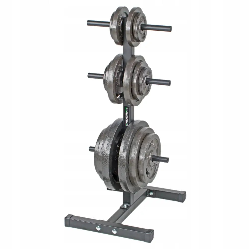 Solid vektstativ for vektskiver, sort metall med vektskiver på tre nivåer, skrå forside mot hvit bakgrunn.