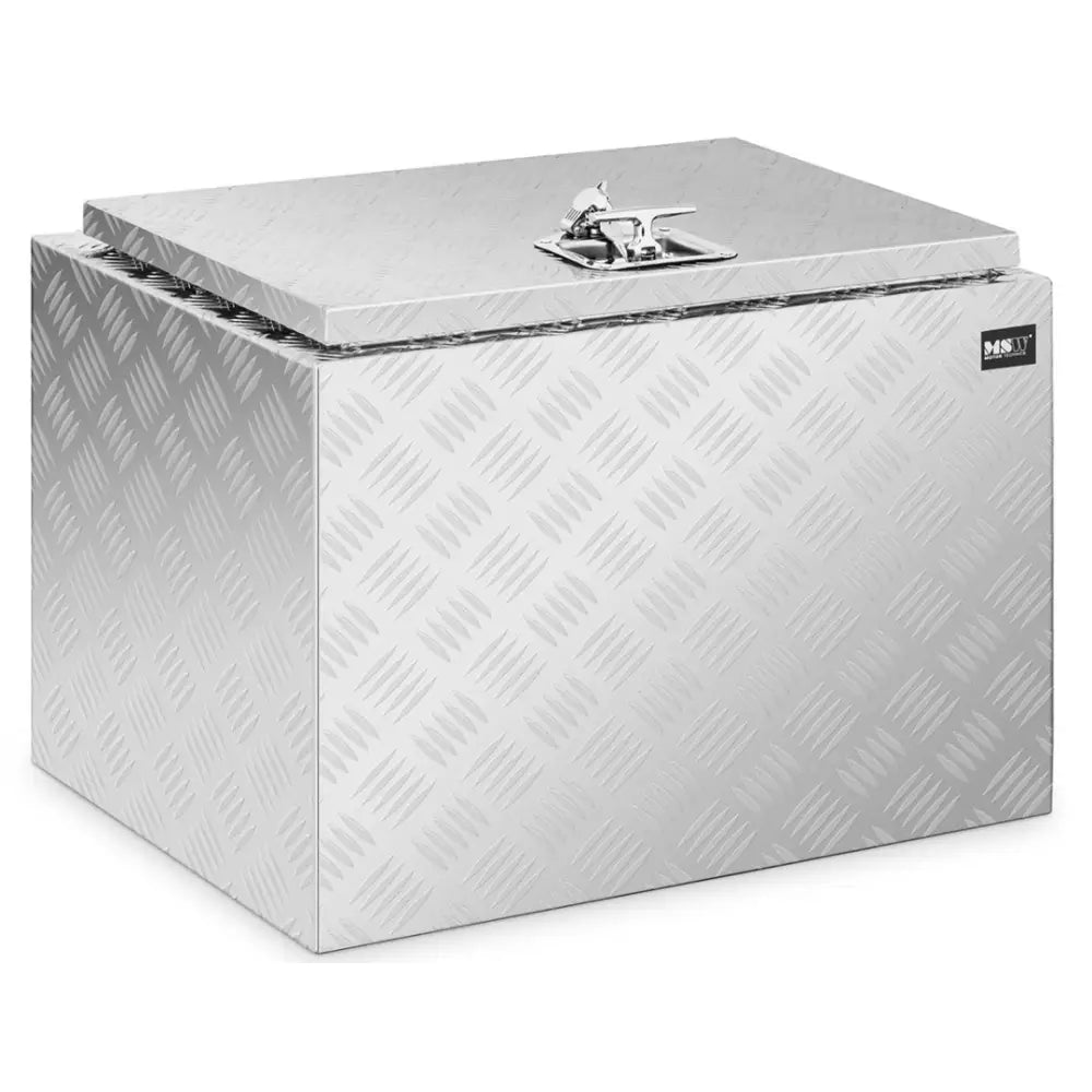 Solid verktøykasse i sølvfarget aluminium, skråvisning med lukket lokk og kraftig låsemekanisme.