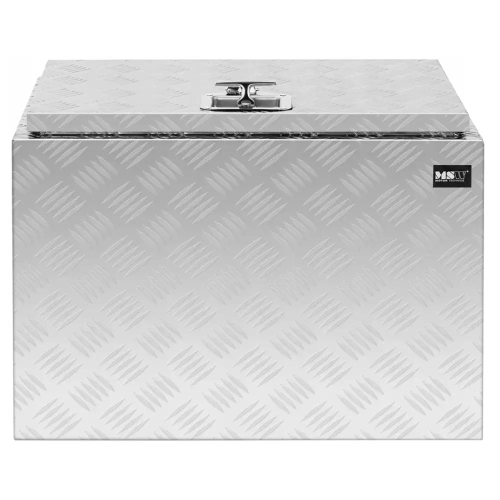 Solid verktøykasse i sølvfarget riflet metall, frontvisning med låsebeslag og logo øverst til høyre.