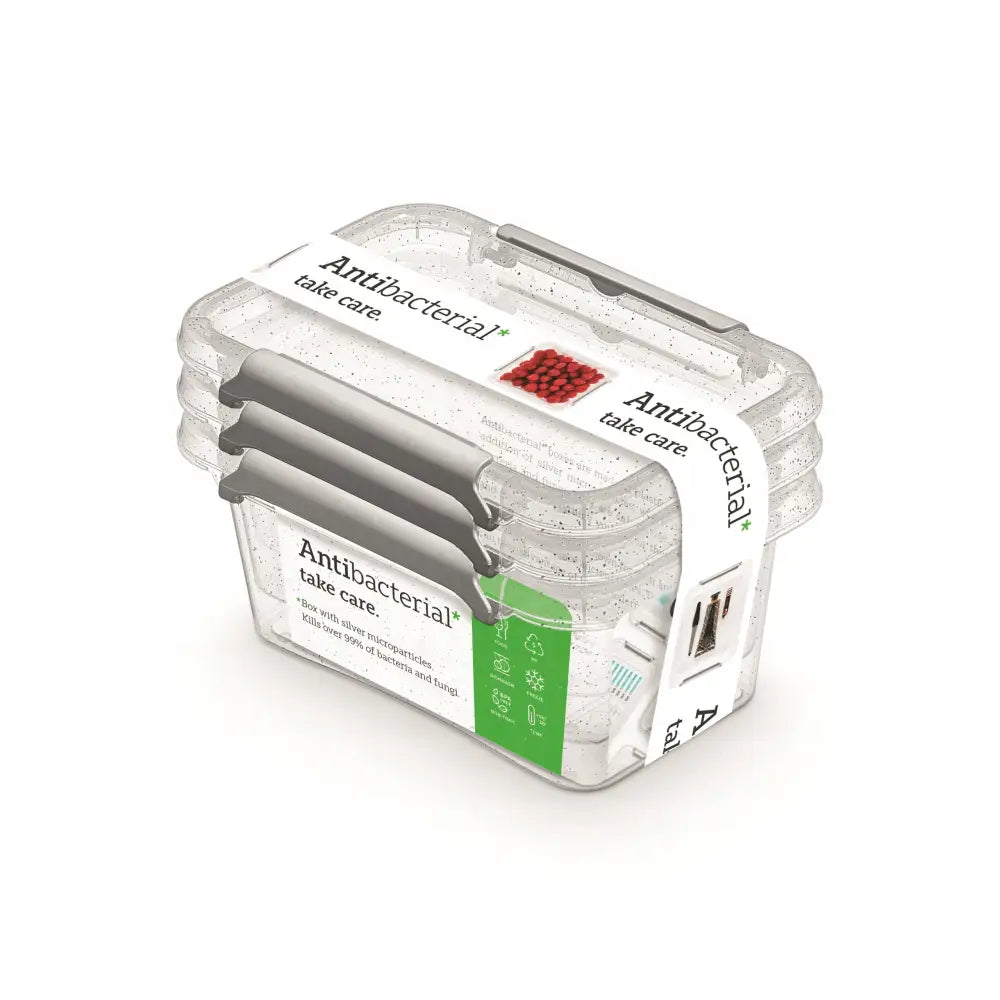 Solide antibakterielle matbeholdere, 0,5L, med grå låseklips og informasjonsbånd, sett fra skrå vinkel.