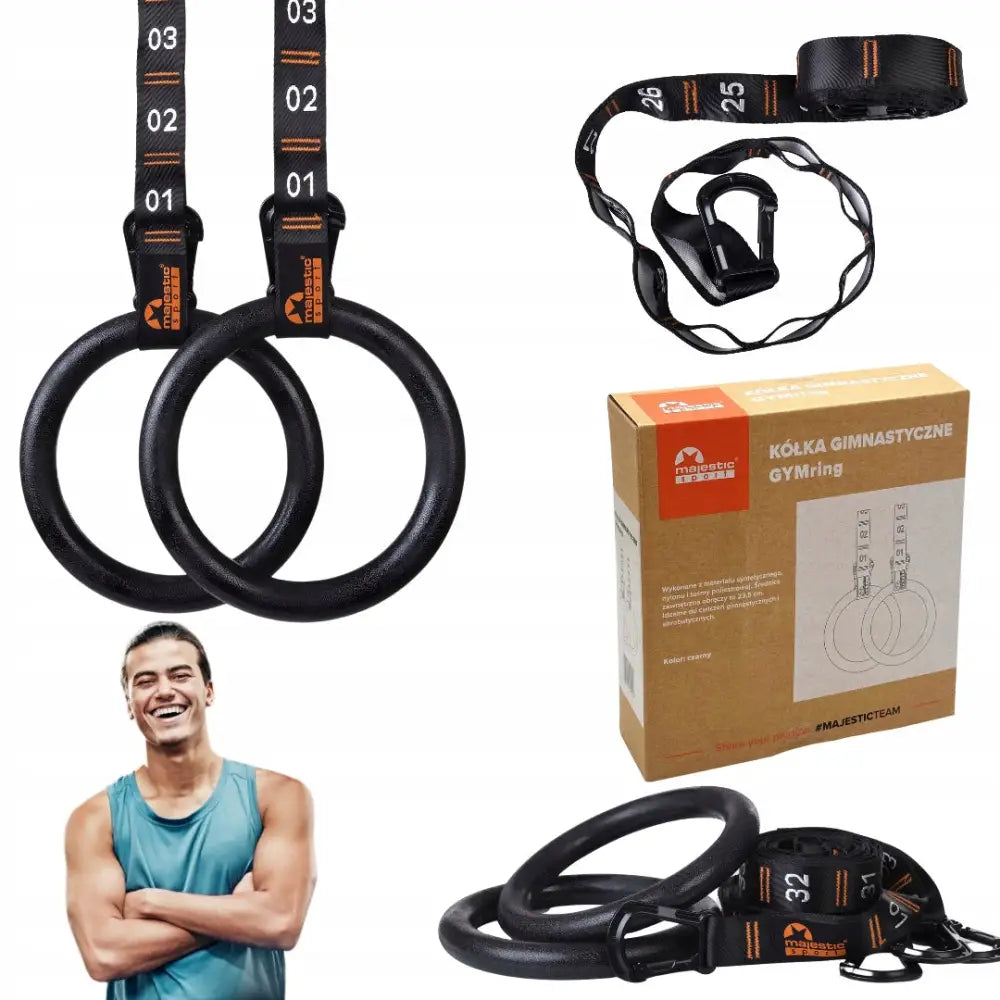 Solide multifunksjonelle gymringer i svart plast med justerbare stropper, levert med eske og modell i treningstøy.