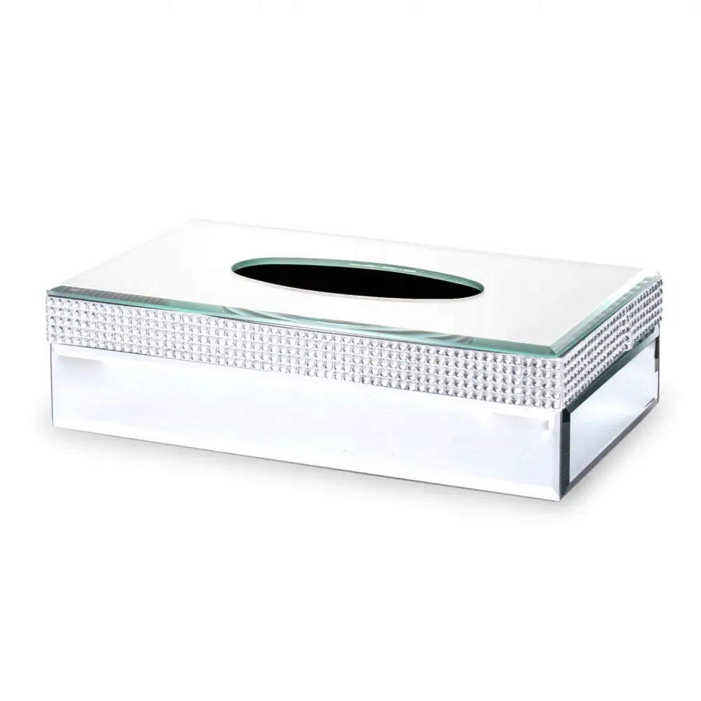 Sølv Glamour tissueboks med speilfinish, dekorert med krystallrader og åpning på toppen, skrå vinkel.