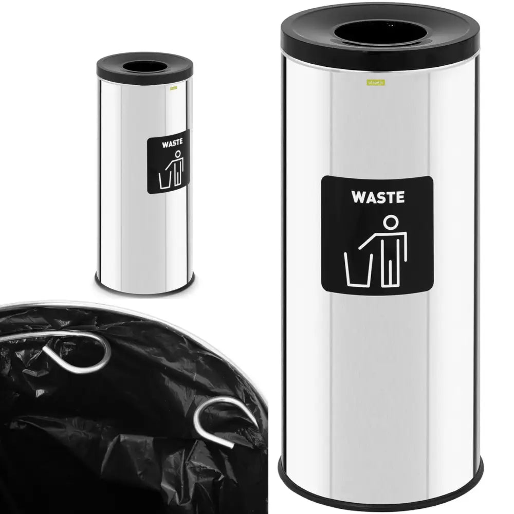 Sølv avfallssorteringsboks 45 L med rund sort åpning, «WASTE»-etikett og synlige kroker for pose.