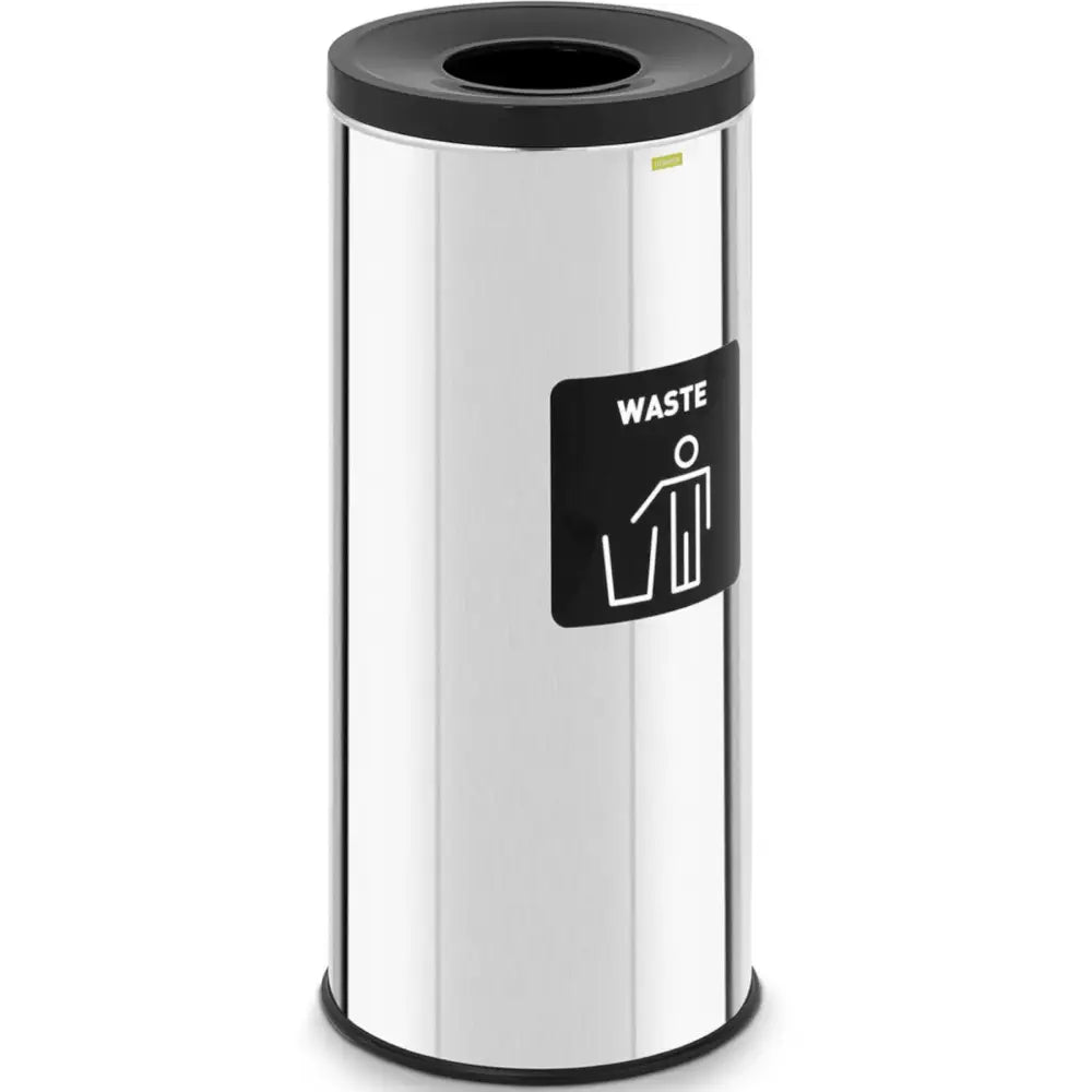 Sølvfarget avfallssorteringsboks 45 L, frontvisning med sort lokk, rund åpning og tydelig etikett for blandet avfall.