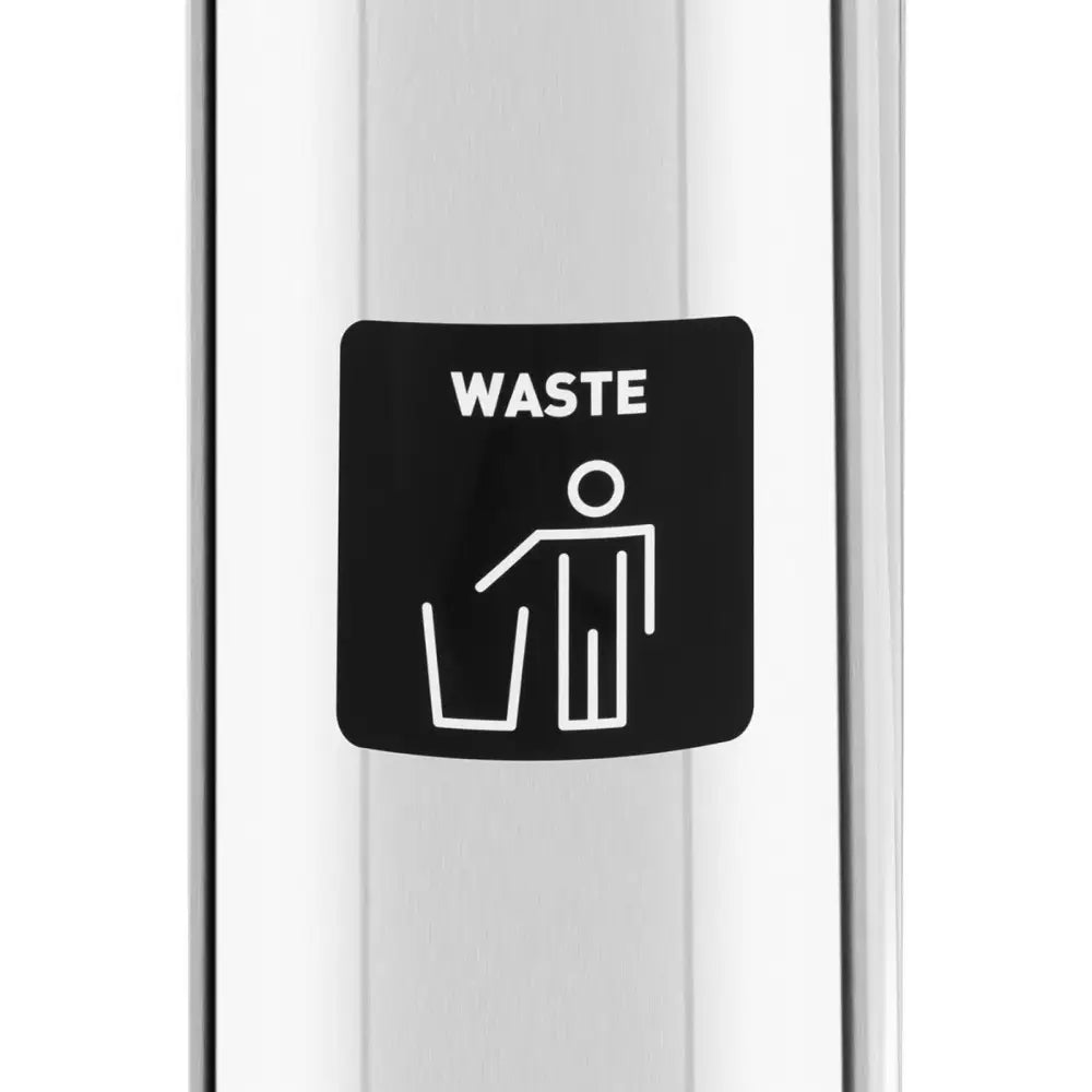 Sølv rund avfallssorteringsboks 45 L sett forfra, sort avfallsymbol og hvit tekst "WASTE" på fronten.