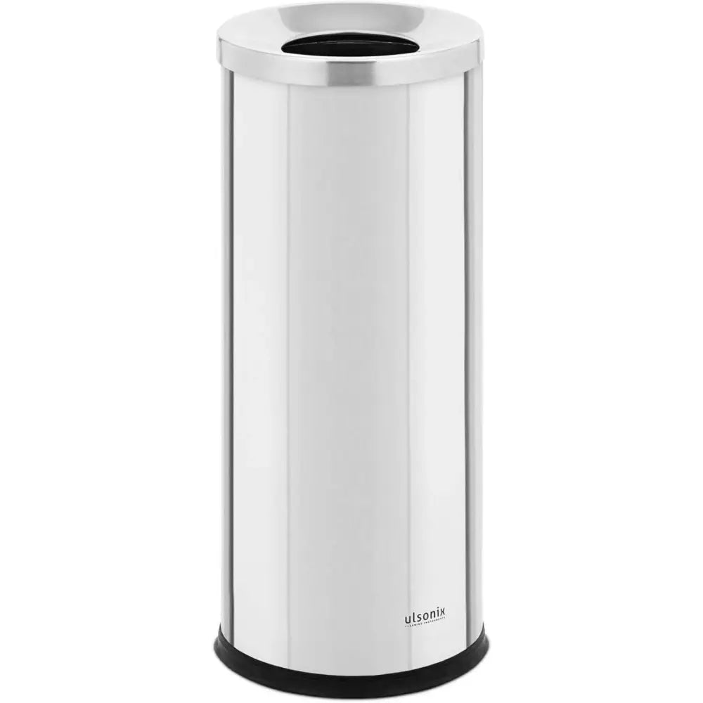 Sølv utendørs avfallsbeholder, frontbilde som fremhever sort toppåpning og blank, reflekterende overflate.