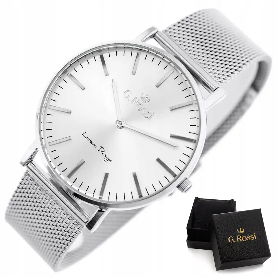 Sølvfarget g Rossi-klokke Zg820a + Gaveeske Sett