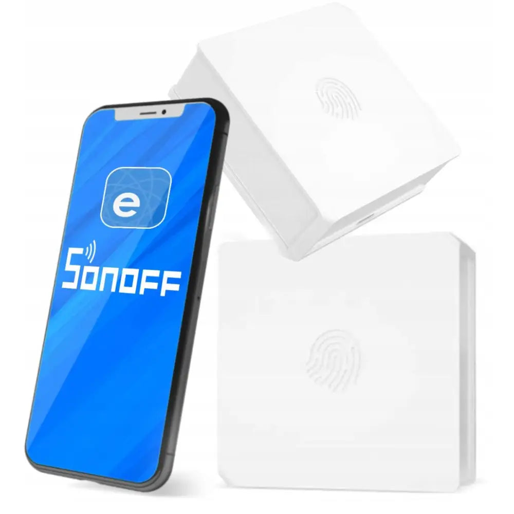 Sonoff Zigbee-knapp, hvit firkantet design med fingeravtrykks-symbol ved siden av en smarttelefon med blå skjerm.