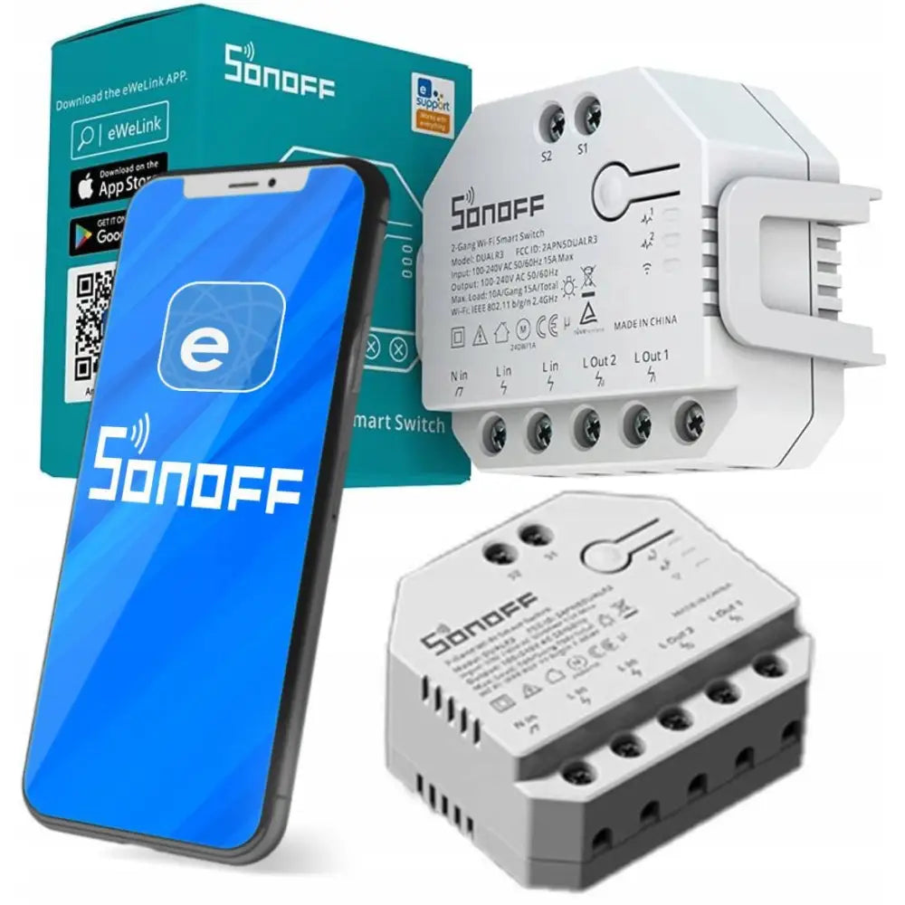 Sonoff 2-kanals rullesjalusistyring, hvit smartbryter med tilkoblinger, mobilapp og original emballasje.